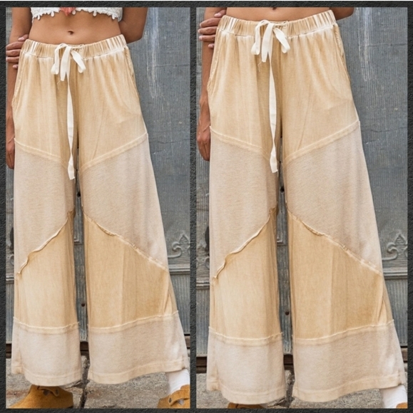POL Wide Leg Pull-on Wide Leg Pants Drawstring Waist Raw Seams Coastal Boho M/L - Picture 2 of 11